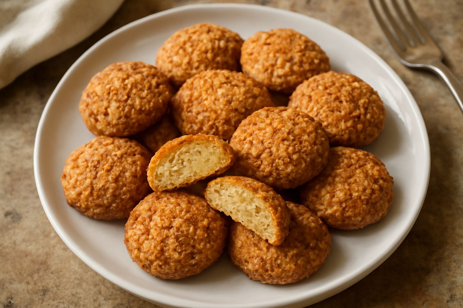 Una decina di Biscottini di Perugia disposti su un piattino di porcellana bianca, di colore giallo dorato con sfumature marroni, forma leggermente allungata e superficie irregolare, alcuni spezzati in
