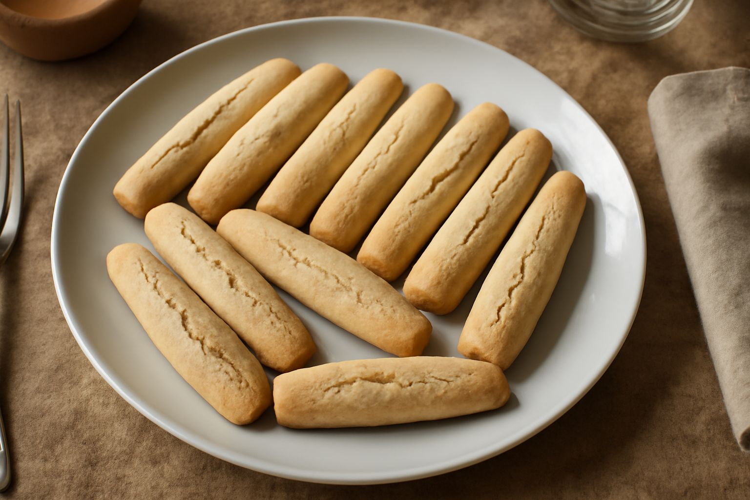 Biscottini di Pisa disposti su un piatto bianco: biscotti color avorio con superficie screpolata, forme allungate e leggere, con visibili frammenti di mandorla tostata