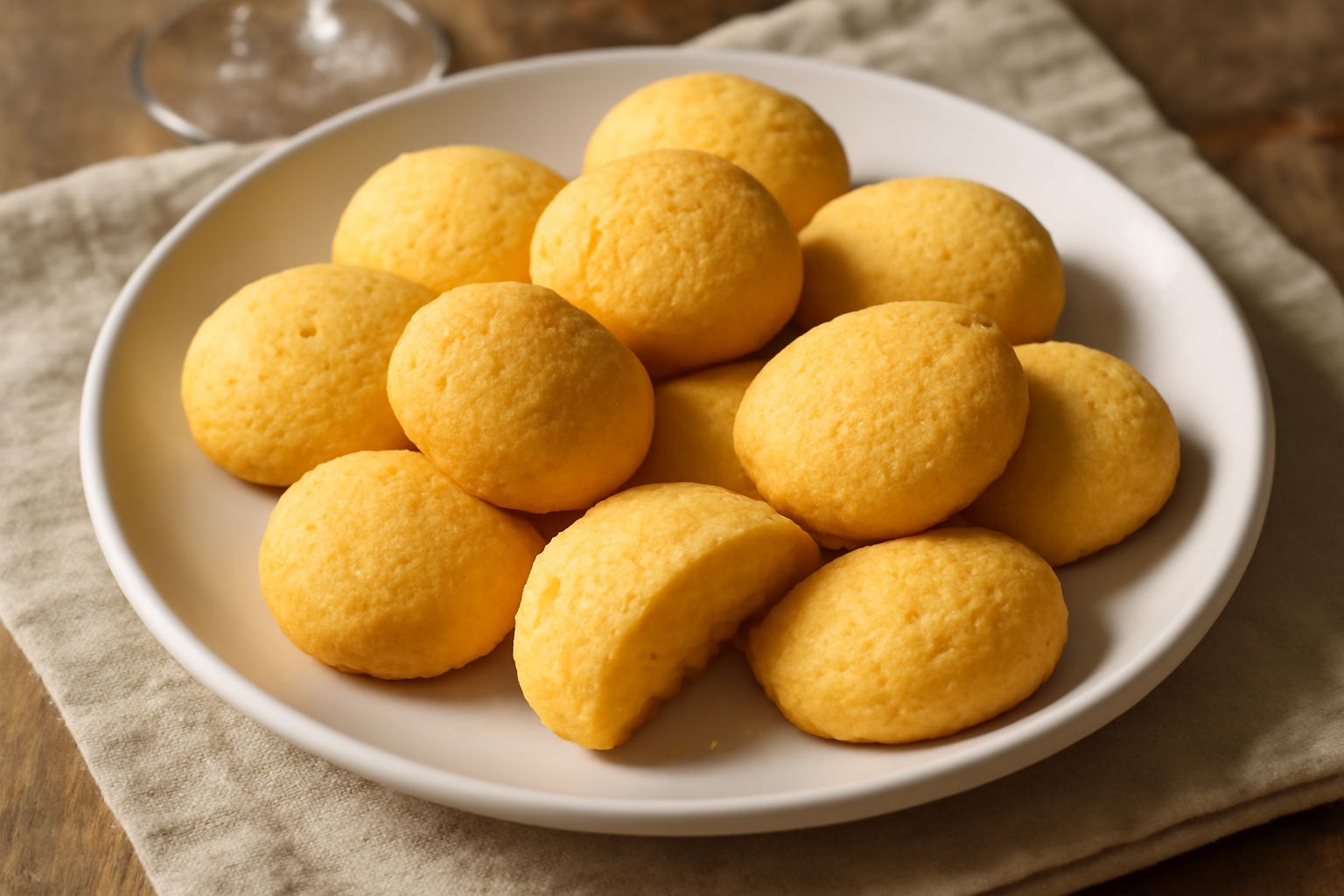 Biscottini di polenta dorati e croccanti impilati su un piatto bianco, con una trama granulosa visibile, alcuni spezzati per mostrare l'interno friabile e morbido, farina di mais sparsa accanto