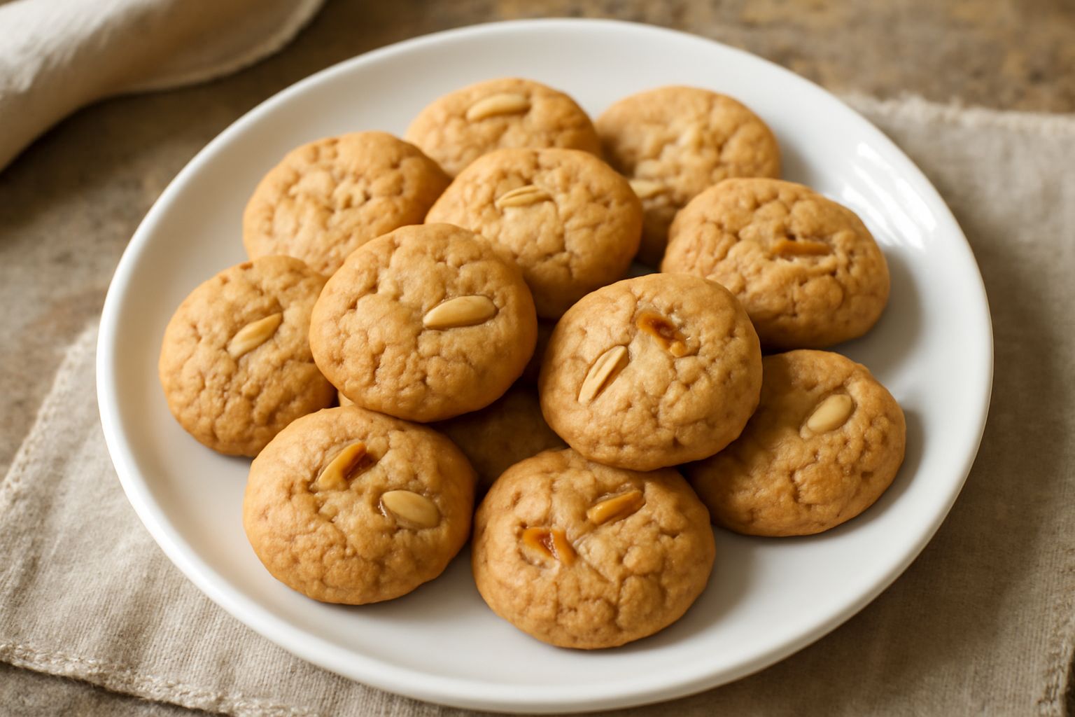 Biscottini di Recanati disposti su un piatto bianco, tondi e dorati, con superficie leggermente screpolata, mandorle visibili nella pasta, luce naturale da finestra