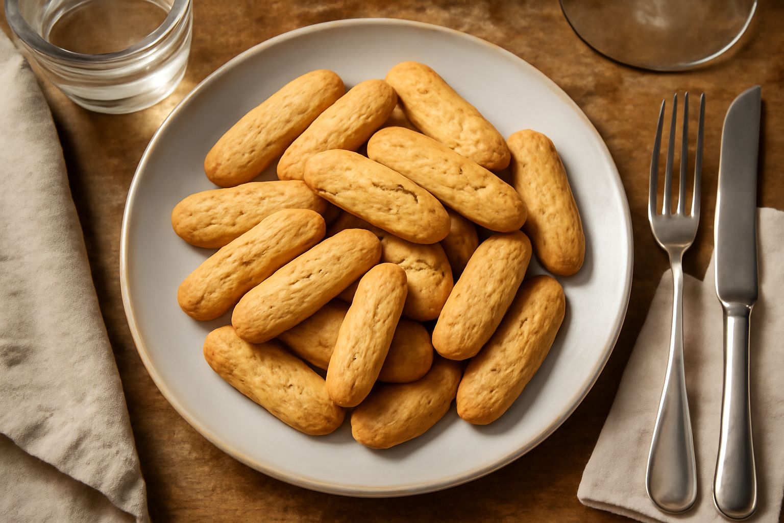 Biscottini di Reggio dorati e croccanti disposti su un piatto di ceramica bianca, mandorle intere visibili sulla superficie, con una tazza di caffè sfocata sullo sfondo