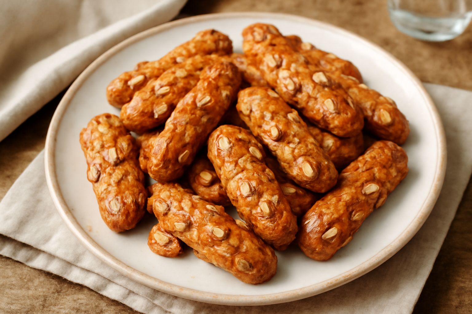 Biscottini di Rho disposti su un piatto bianco, piccoli e dorati con superficie rugosa e brillante, mandorle visibili sulla parte superiore, sfondo di lino beige