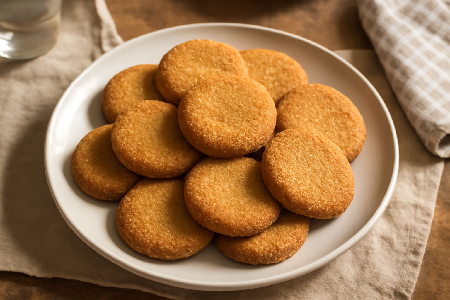 Biscottini di Rimini dorati e croccanti disposti su un piatto bianco, con superficie leggermente granulosa di zucchero di canna, scattati in luce naturale da sopra