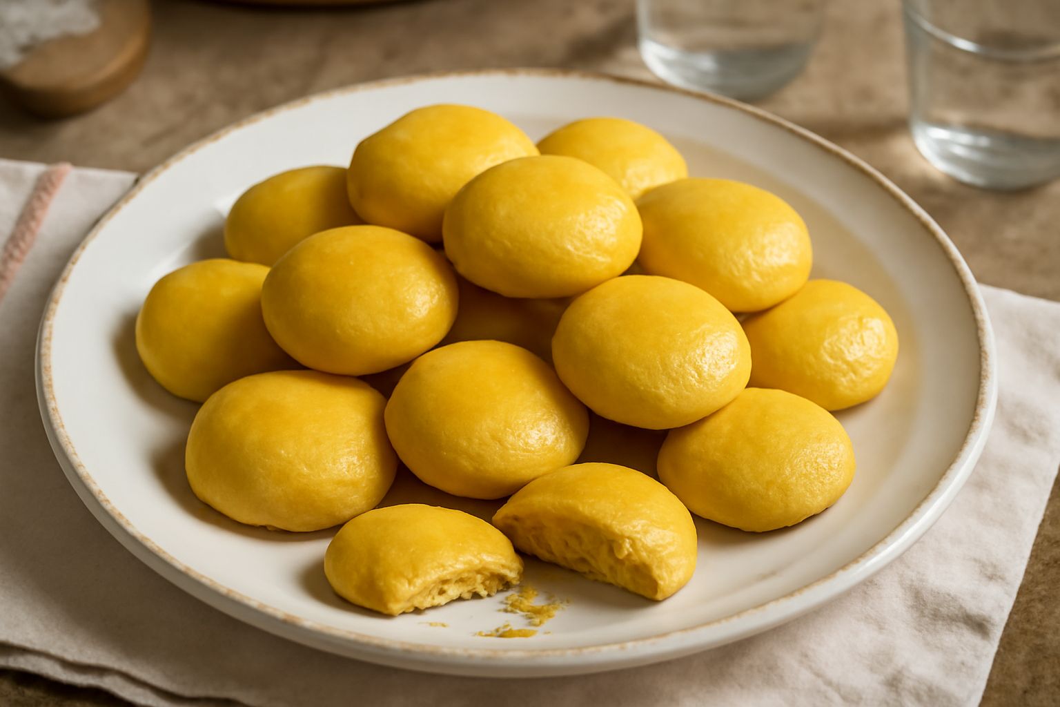 Una decina di biscottini di Salerno dorati e croccanti disposti su un piatto bianco, con sfumature gialle e brune sulla superficie, accanto a una tazza di caffè scuro