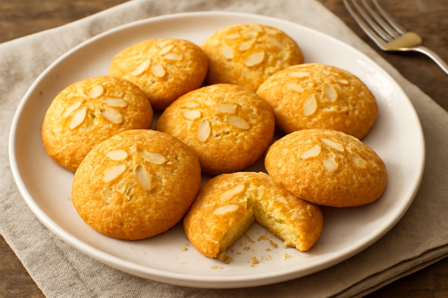 Una decina di biscottini di semola color dorato disposti su un piatto bianco, texture friabile visibile, con mandorle sfilettate sparse in superficie e un bicchiere di latte bianco sullo sfondo