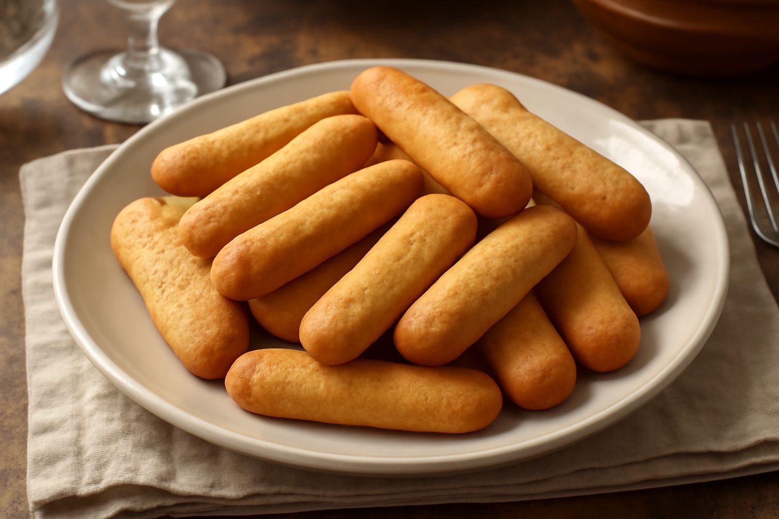 Biscottini dorati e croccanti disposti su un piatto bianco, di forma allungata e leggermente ricurvi, con superficie liscia e colore biondo uniforme, accompagnati da una tazzina di caffè