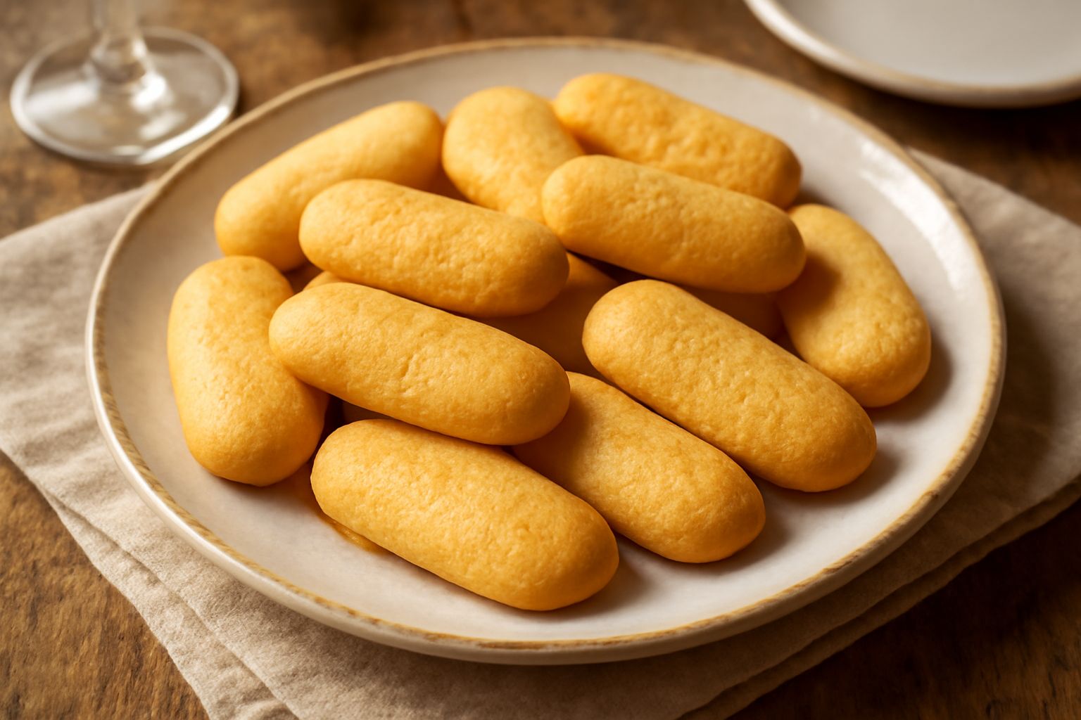 Biscottini di Terni disposti su un piatto bianco, ovali e dorati, con una consistenza visibilmente croccante e una superficie liscia leggermente lucida