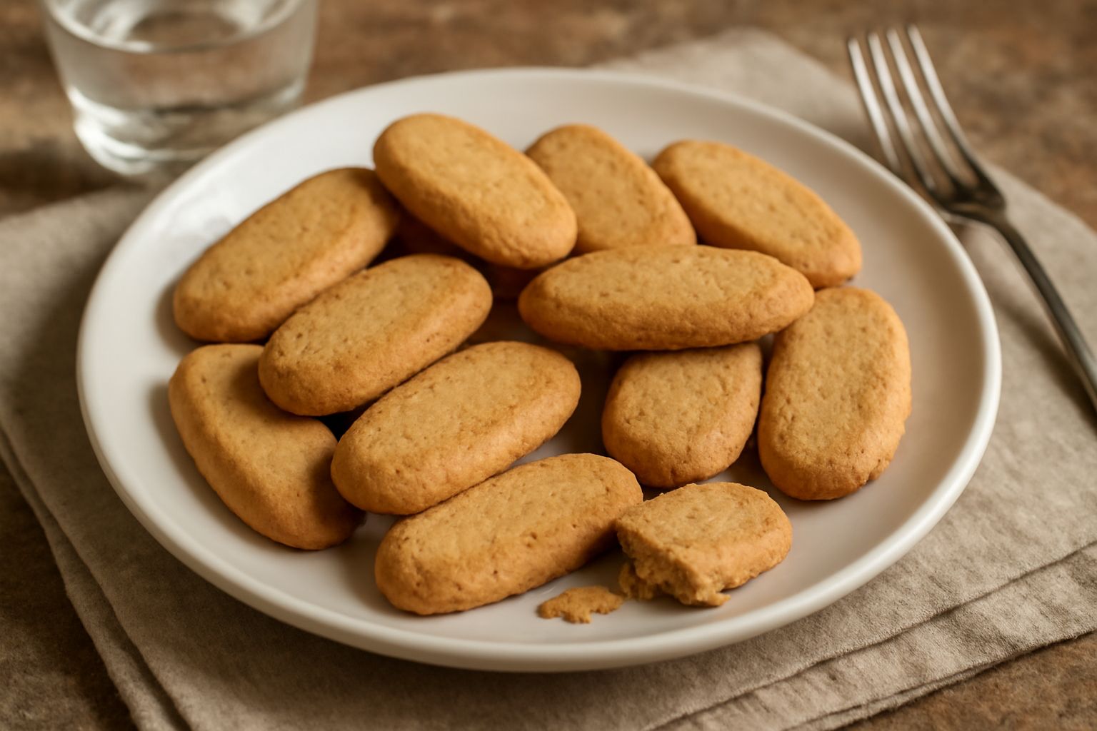 Una dozzina di biscottini di Treviglio allineati su una superficie di marmo chiaro, dorati e croccanti, con sfumature marroncine sui bordi, con una tazzina di caffè nel fondo sfocato