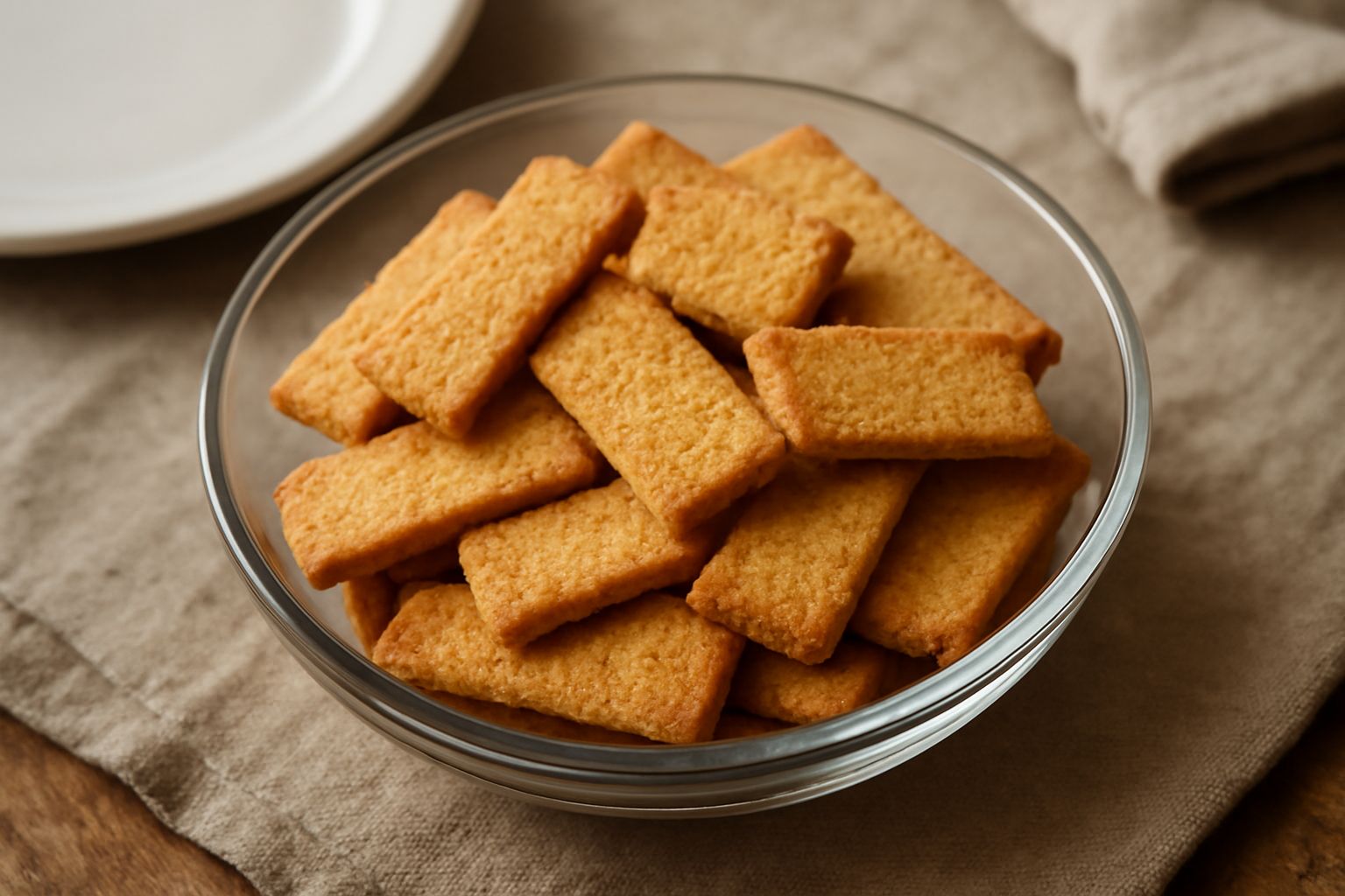 Biscottini dorati croccanti disposti in pila su una superficie di legno chiaro, con una tazza di caffè sfuocata sullo sfondo
