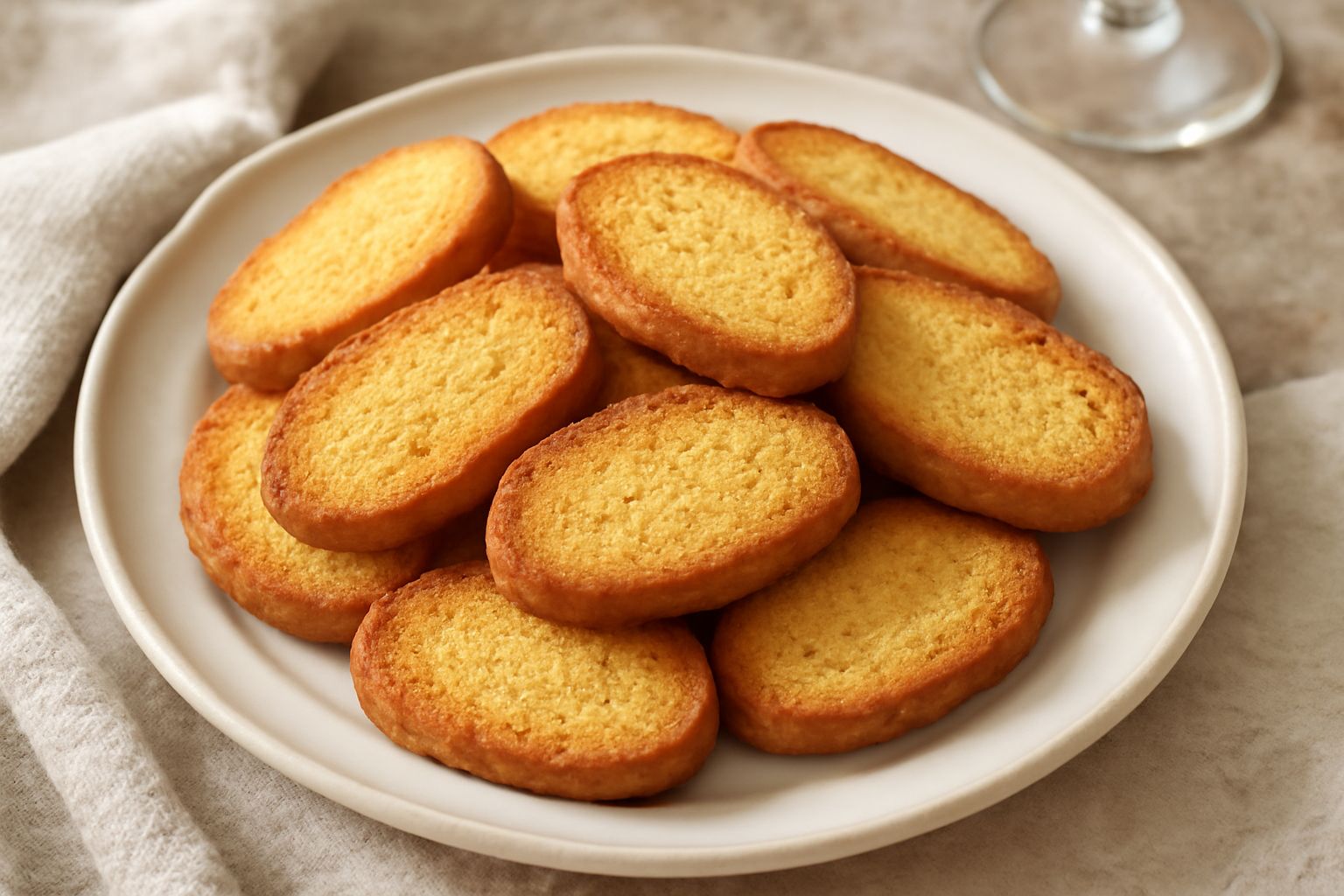 Biscottini friulani di forma ovale, dorati, croccanti, disposti in pila su un piatto bianco con una tazza di caffè scuro sullo sfondo