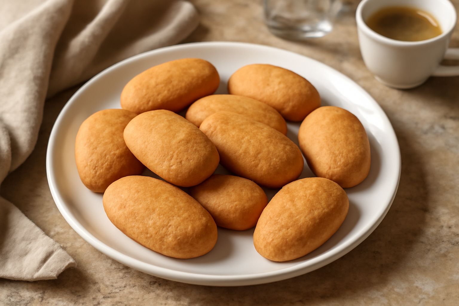 Biscottini messinesi dorati e croccanti disposti su un piatto bianco, con forma ovale leggermente spianata, superficie liscia e brillante, sfondo sfocato neutro