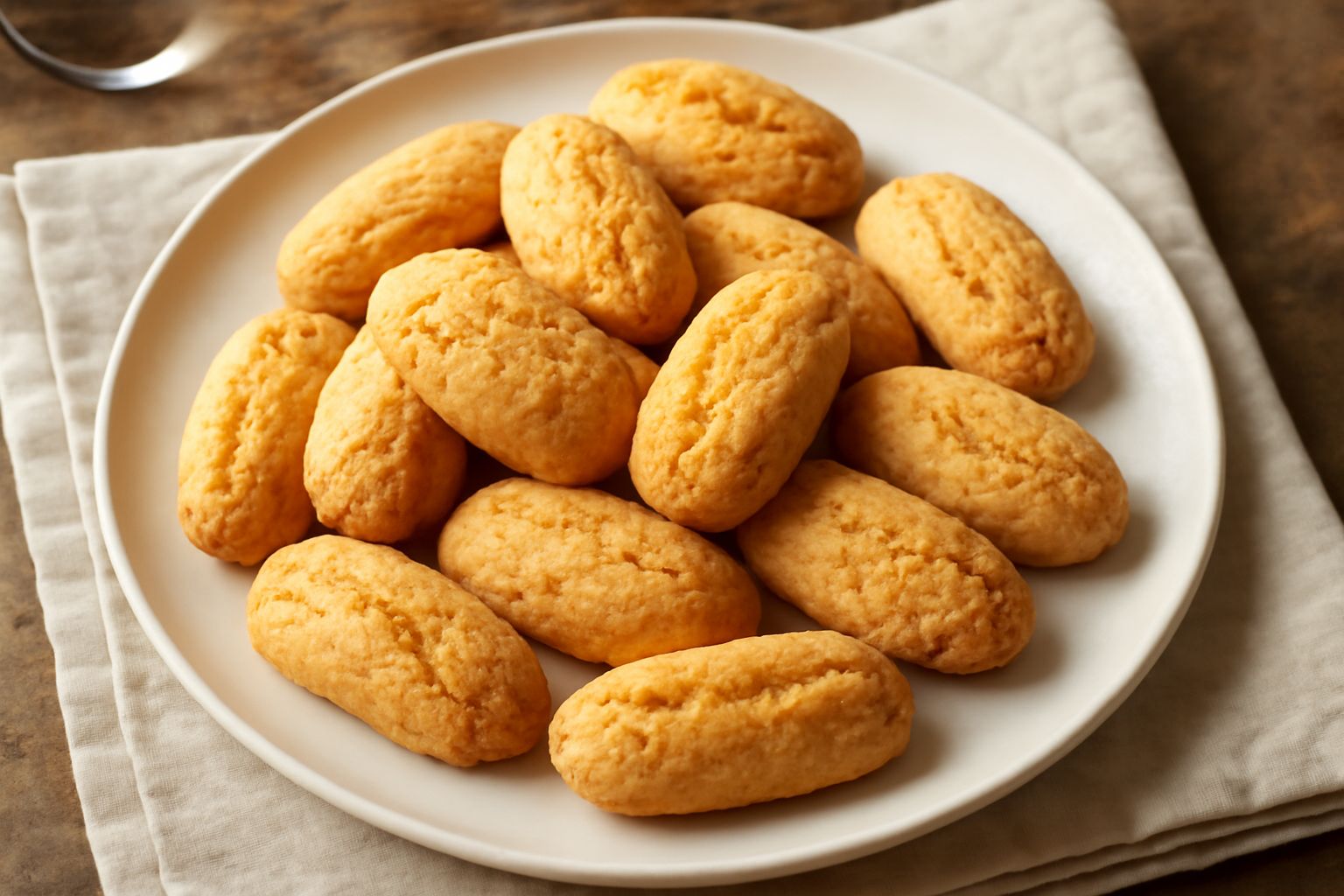 Una manciata di piccoli biscottini romani beige-dorati, dalla forma ovale leggermente bombata, disposti su carta paglia bianca. Superficie rugosa e friabile, alcuni spezzati a metà mostrando l'interno