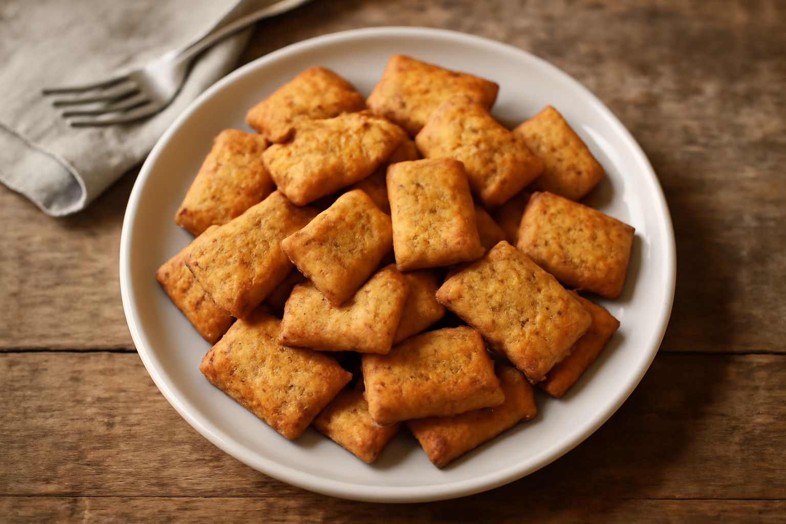 Biscottini salati dorati e croccanti disposti su un piatto bianco, con semi di sesamo e formaggio grattugiato visibili sulla superficie