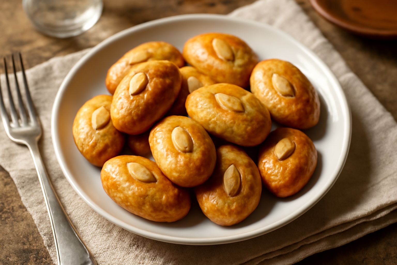 Biscottini salernitani dorati e croccanti disposti su un piatto bianco, mandorle intere visibili sulla superficie, serviti con una tazza di caffè sfondo neutro