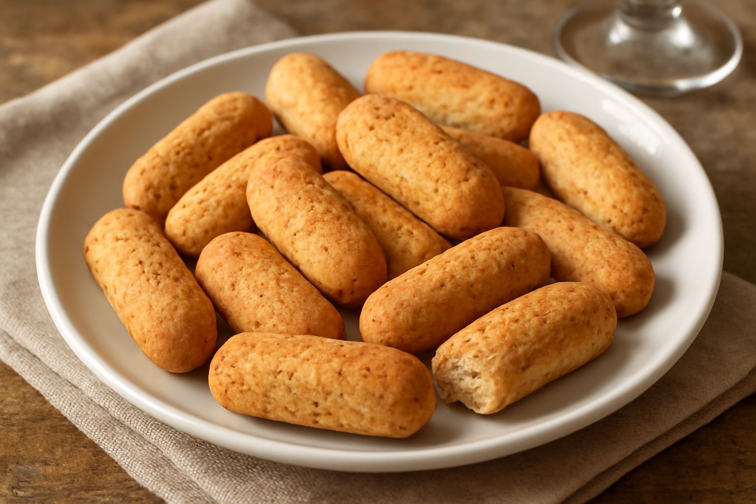 Biscottini Saronno dorati e croccanti, a forma di piccoli tuberetti, disposti su un piatto bianco con mandorle sgusciate sparse intorno, sfondo luminoso naturale