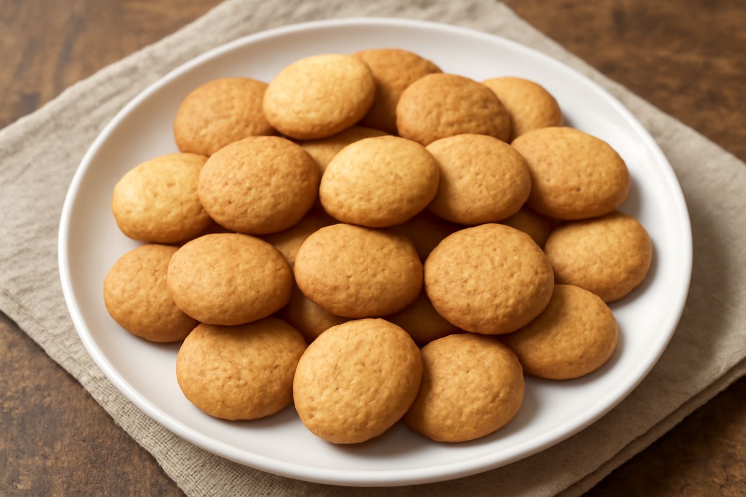 Biscottini secchi tondi e dorati disposti su un piatto bianco, con superficie liscia e leggermente croccante, accompagnati da una tazza di caffè sfocata sullo sfondo
