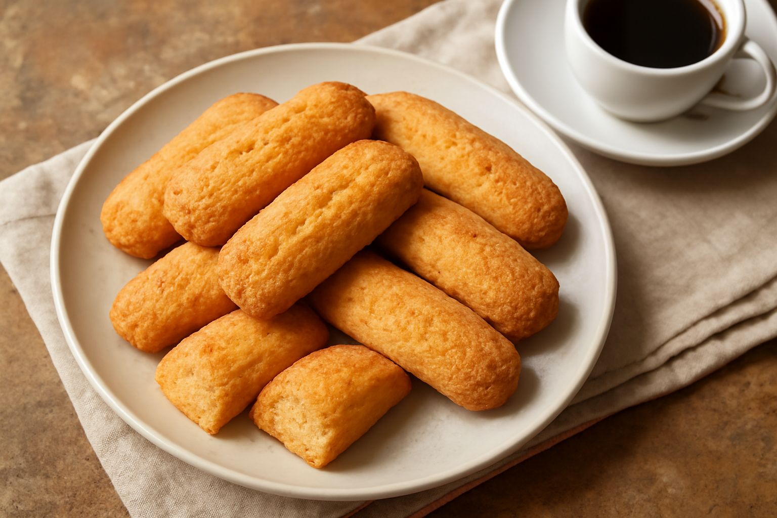 Biscottini trevigiani dorati e croccanti, di forma oblunga, disposti su un piatto bianco con una tazza di caffè nero sullo sfondo, in luce naturale mattutina