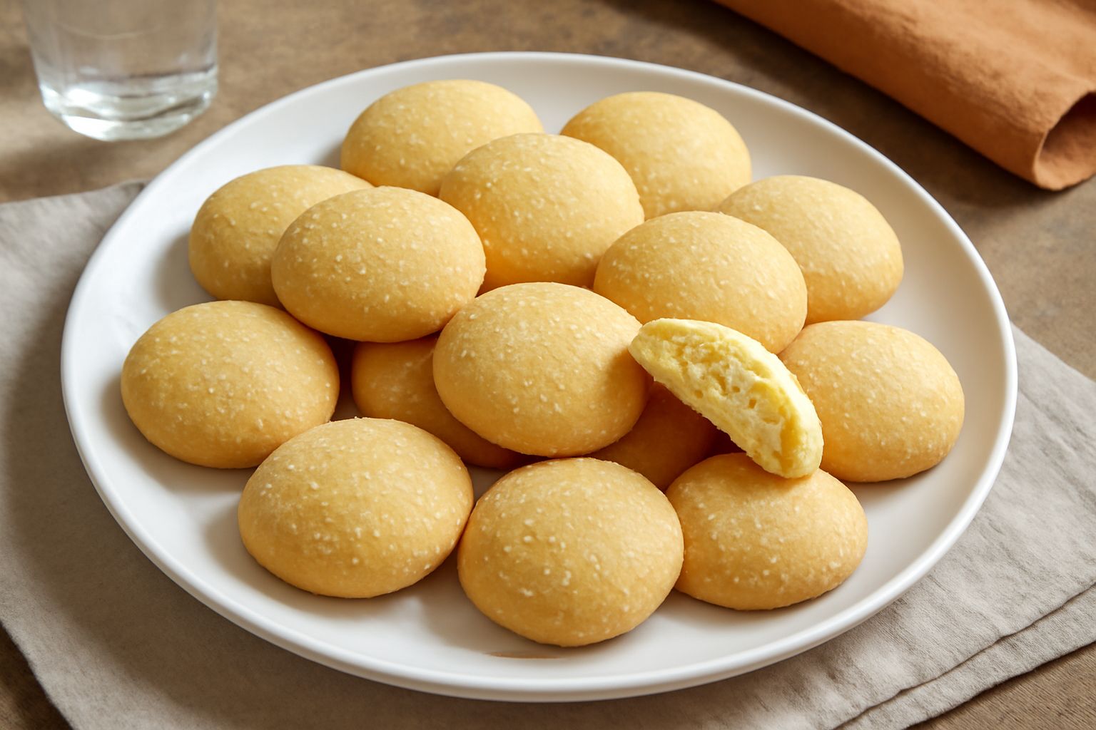 Una decina di biscottini dorati e croccanti disposti su una superficie bianca, con una texture friabile visibile e una leggera patina di zucchero semolato sulla sommità