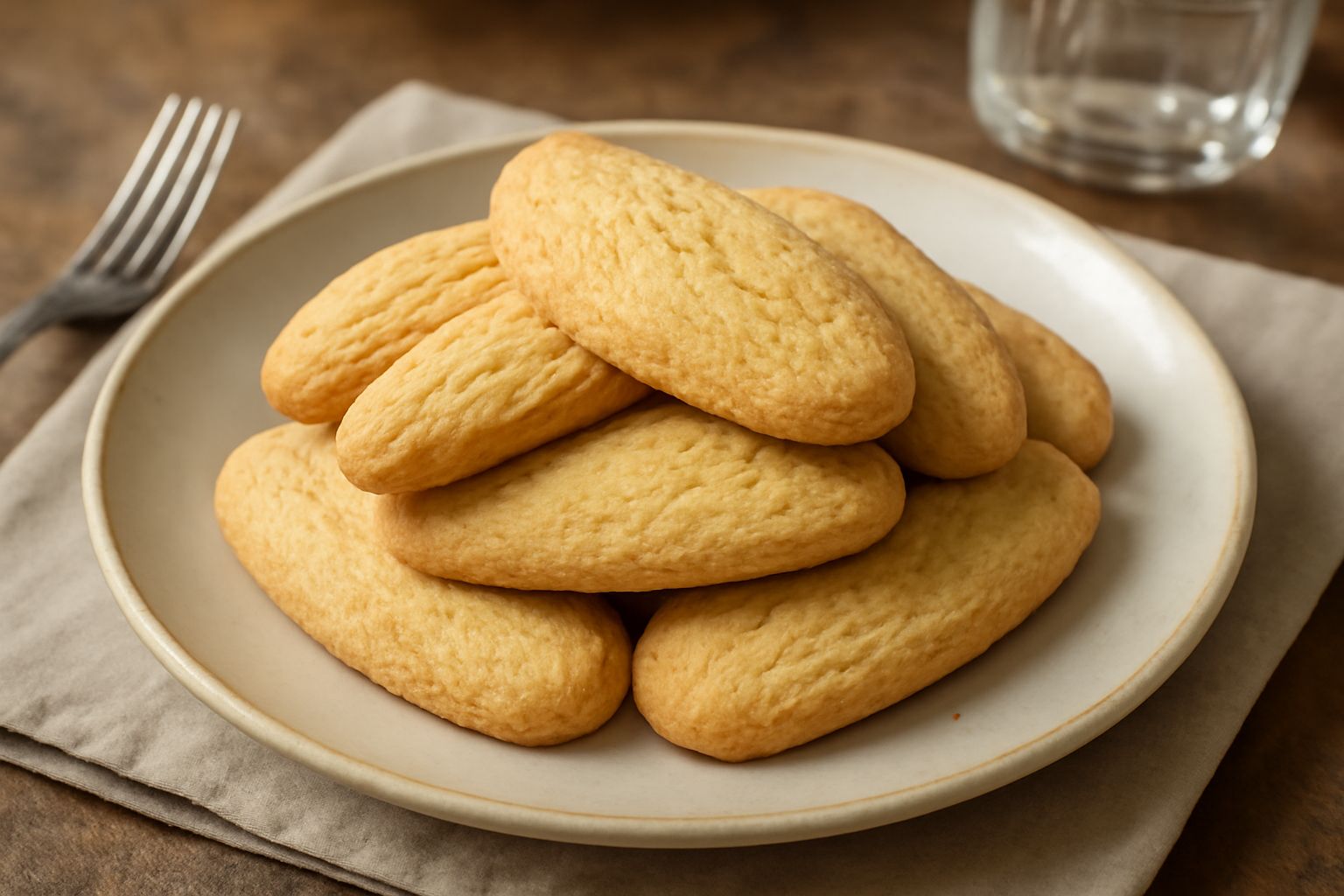Biscottini di Alessandria color oro pallido, ovali e leggermente inclinati, disposti su un piatto bianco con bordo blu, superficie croccante visibile, sfondo sfumato grigio