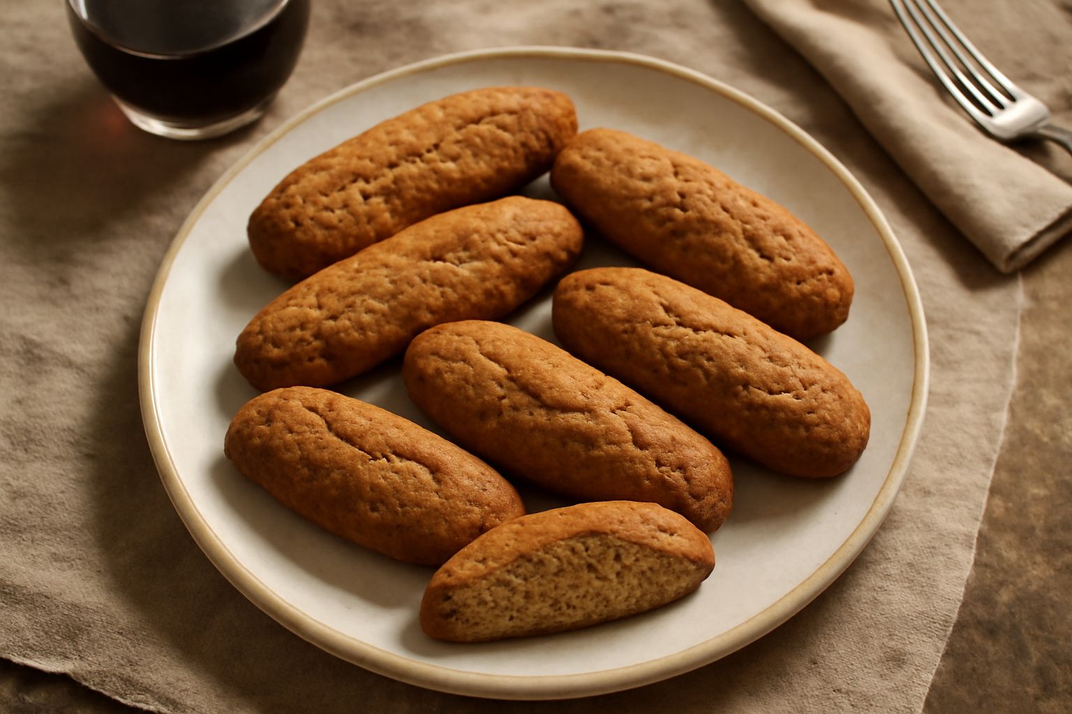 Biscotti oblunghi color nocciola con superficie leggermente screpolata, allineati in fila su tavolo bianco, con base croccante e margini dorati