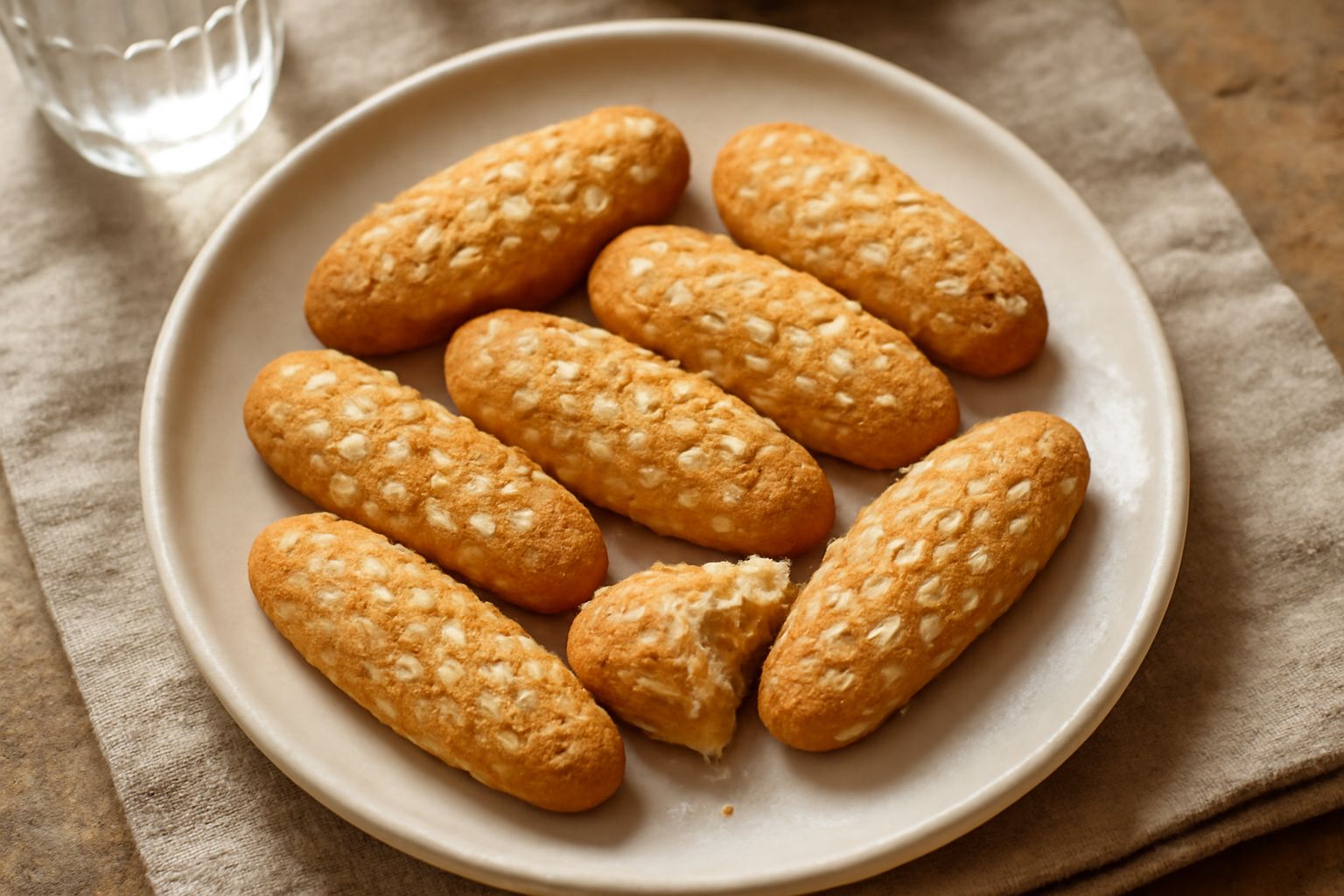 Biscotti ascolani dorati e croccanti disposti su una superficie in legno, con tracce di granella di zucchero visibile sulla superficie, accanto a una tazza di caffè bianca