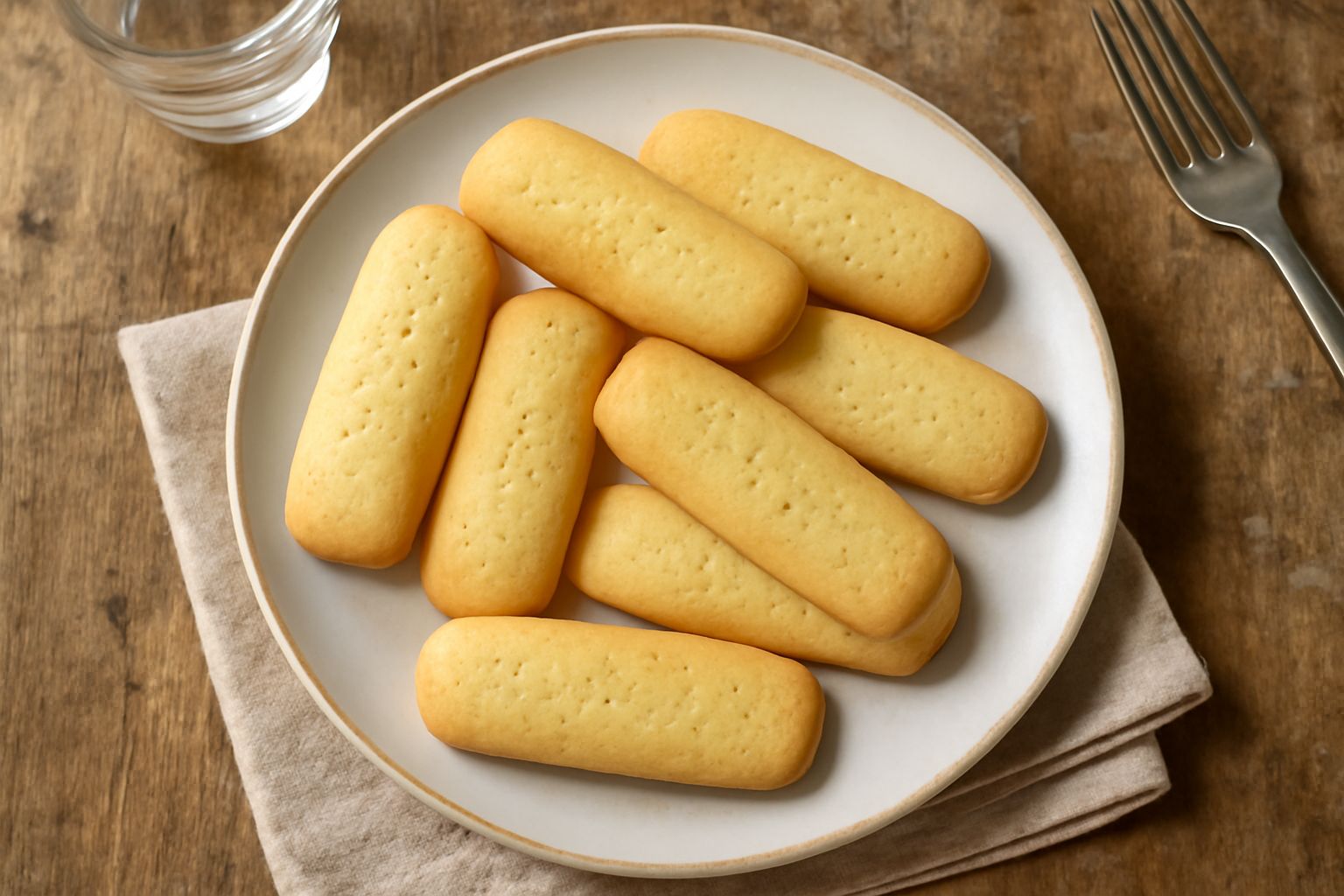 Biscotti color oro pallido, allungati e croccanti, disposti su un piatto bianco. Superficie leggermente porosa e uniforme, illuminata da luce naturale.