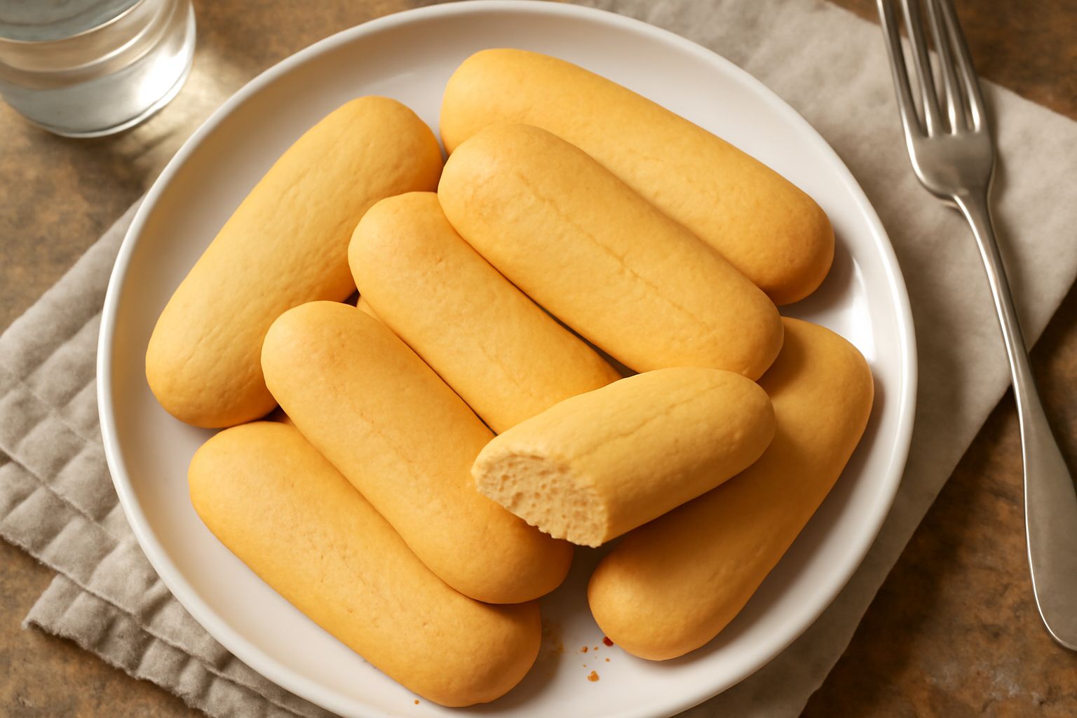 Biscotti color biondo dorato, dalla forma ovale leggermente appiattita, disposti su un piatto bianco. Superficie liscia e opaca, spezzati a metà per mostrare l'interno poroso e friabile.