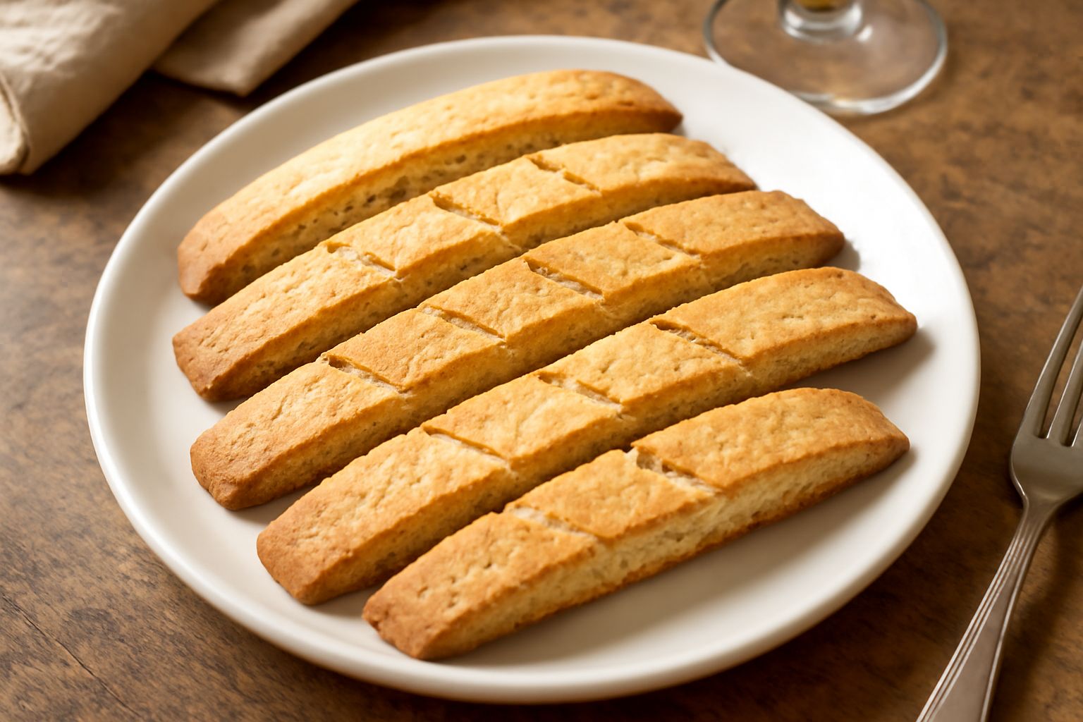 Biscotti di Perugia dorati e croccanti disposti su una tavola di legno bianco, con taglio diagonale visibile all'interno, accanto a una tazza di caffè caldo