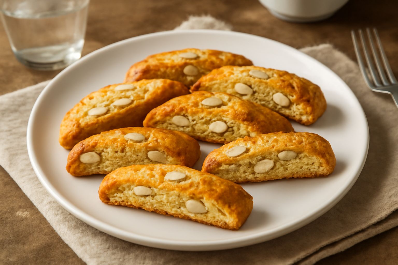Biscotti di Prato color oro, croccanti e allungati, disposti in fila su una superficie bianca, con mandorle intere visibili sulla superficie e interno leggermente piu chiaro
