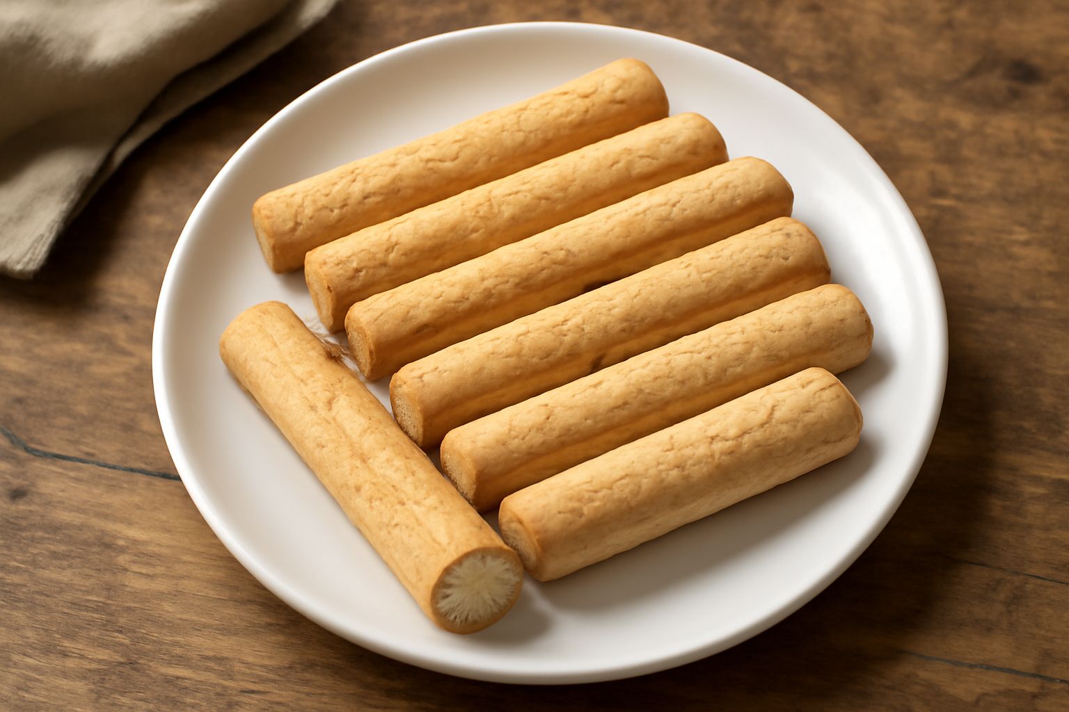 Biscotti lunghi dorati e croccanti in fila su una superficie bianca, con una tazza di caffè sfocata sullo sfondo e qualche briciola sparsa intorno