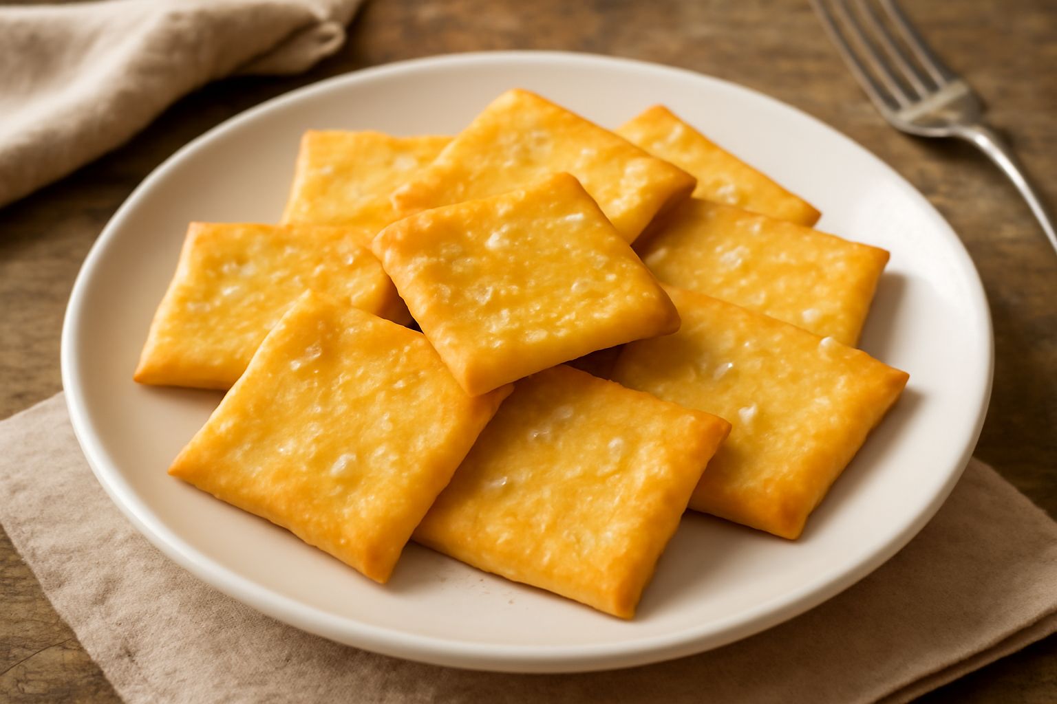 Biscotti salati color oro appena sfornati, quadrati e croccanti, impilati in una torre su un piatto bianco con una tazza di tè sullo sfondo