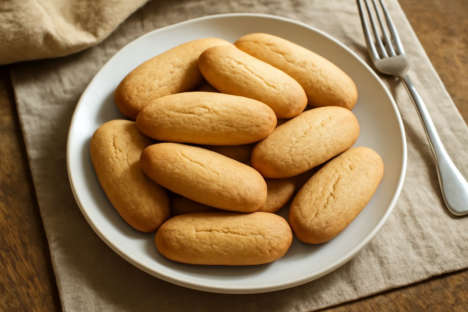Biscotti ovali biancastri con sfumature dorate, disposti su un piatto di ceramica bianca, accanto a una tazza di caffè scuro e chicchi d'uvetta sparsi