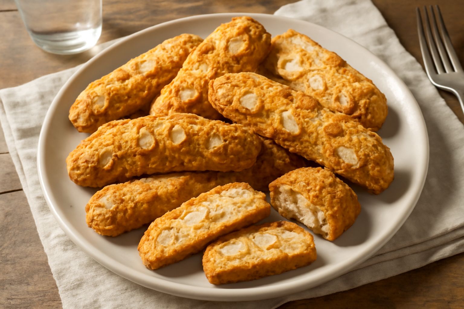 Bisfotti alle mandorle affettati e interi disposti su una tavola di legno naturale, con mandorle sgusciate sparse intorno e colore dorato intenso della superficie croccante