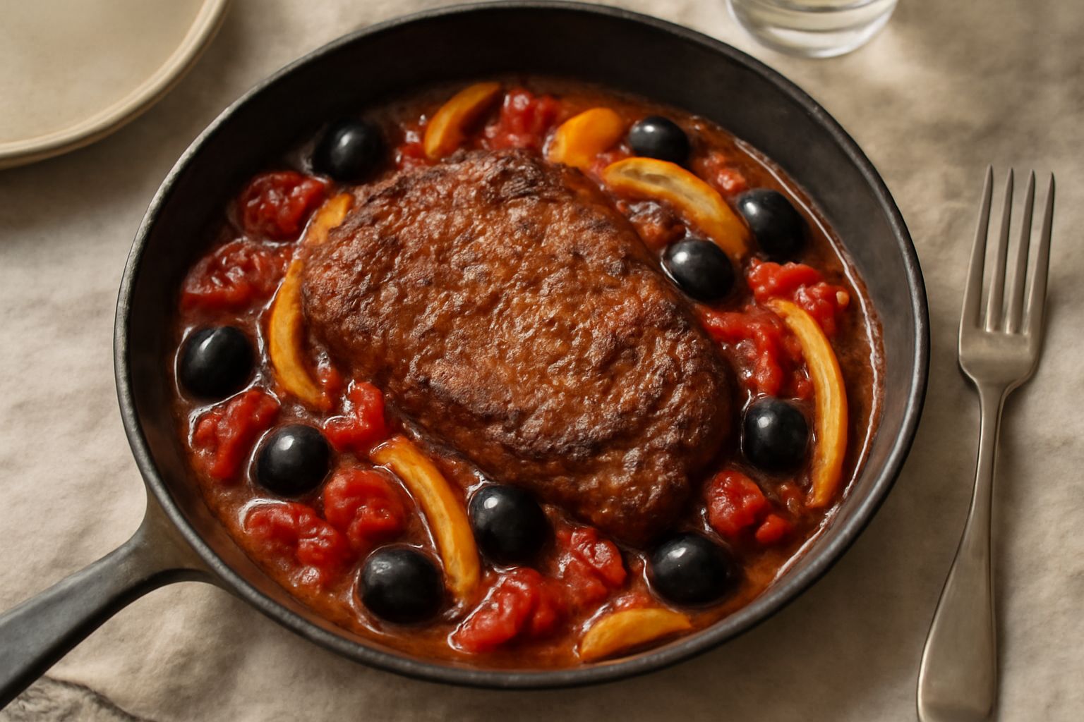 Bistecca di manzo dorata con pomodori rossi, olive nere lucide e peperoni gialli in padella di ferro, contorno di verdure cotte