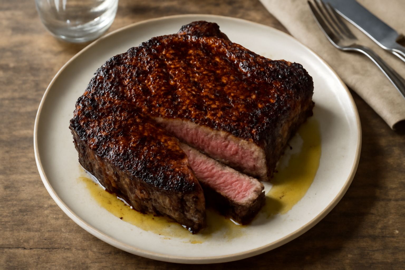 Bistecca alla brace di colore rosso-marrone con crosticina caramellata, servita su piatto bianco con succhi di carne visibili, contorno di verdure grigliate e fetta di limone