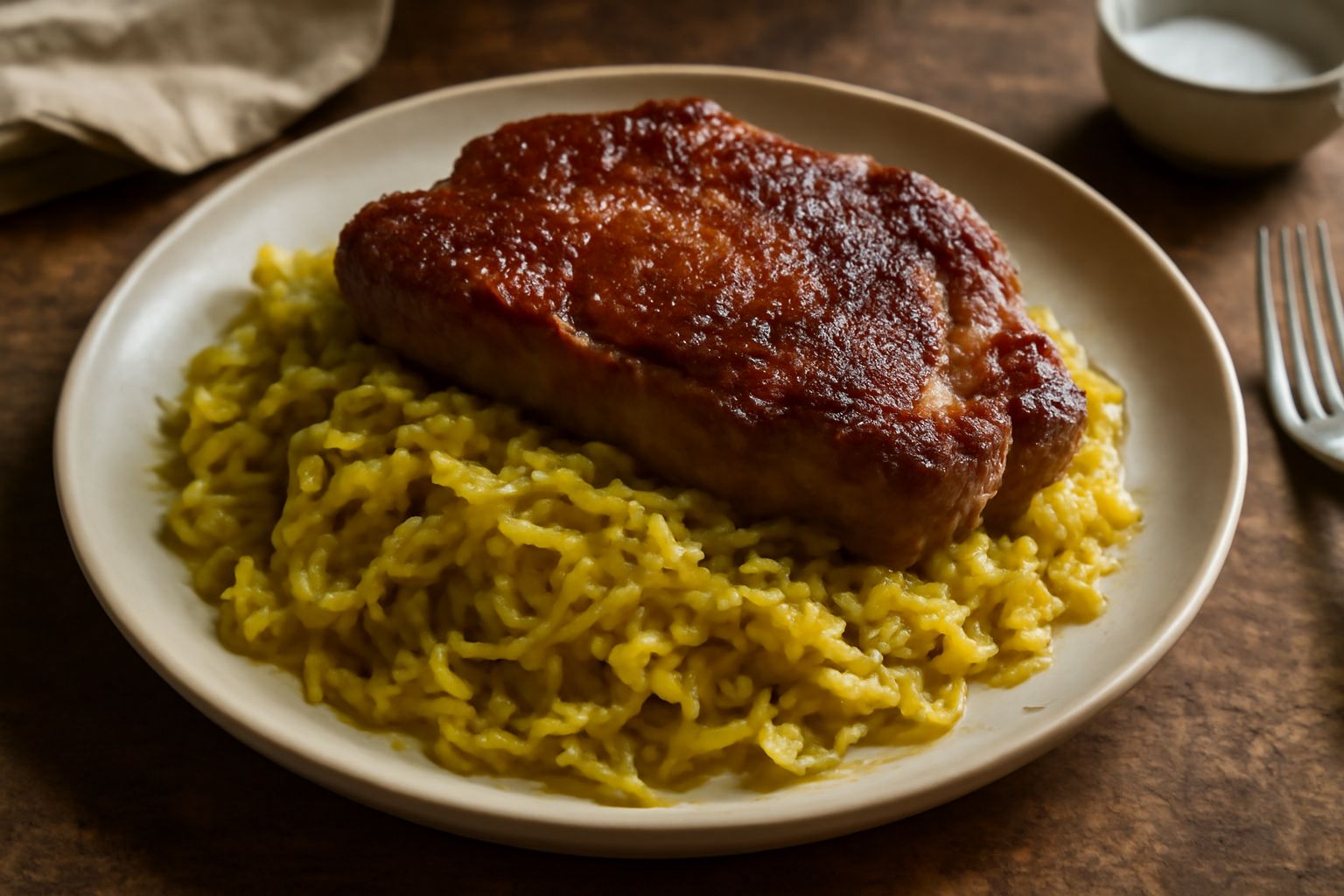 Bistecca marrone rosata in un piatto bianco, circondata da cavolo verza dorato e tenero, accanto a pepe nero macinato e aglio schiacciato
