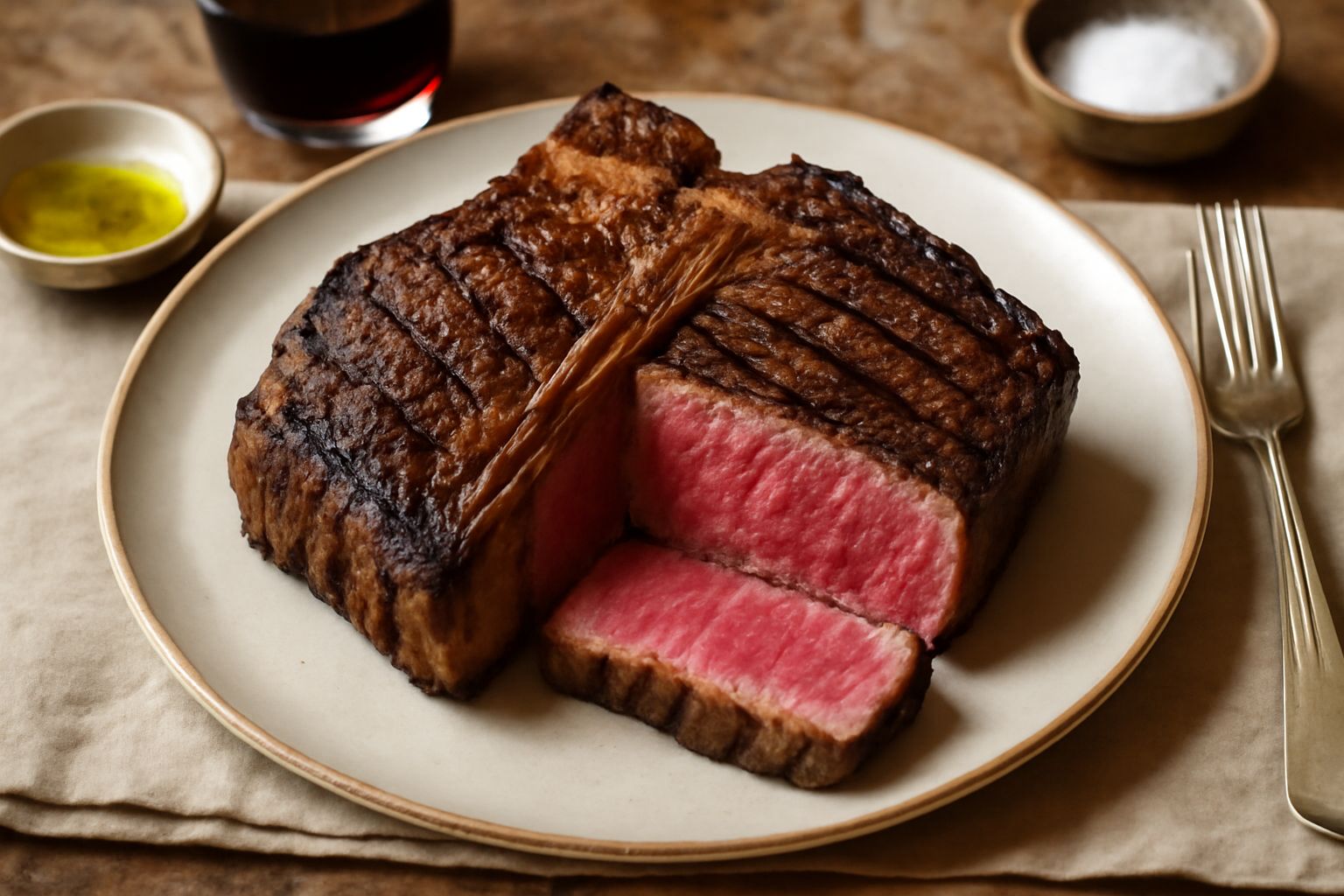 Una bistecca alla fiorentina da due centimetri di spessore, con crosta marrone scuro e interno rosa acceso, cosparsa di sale e posata su un piatto bianco con fette di limone fresco ai lati