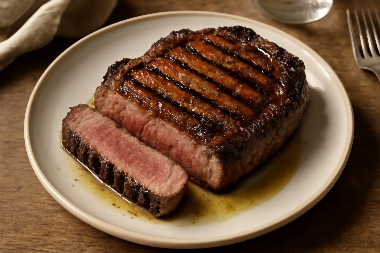 Bistecca di manzo cotta sulla griglia, con superficie brunita e segni di cottura paralleli, servita in piatto bianco con contorno di rucola fresca e limone a fette
