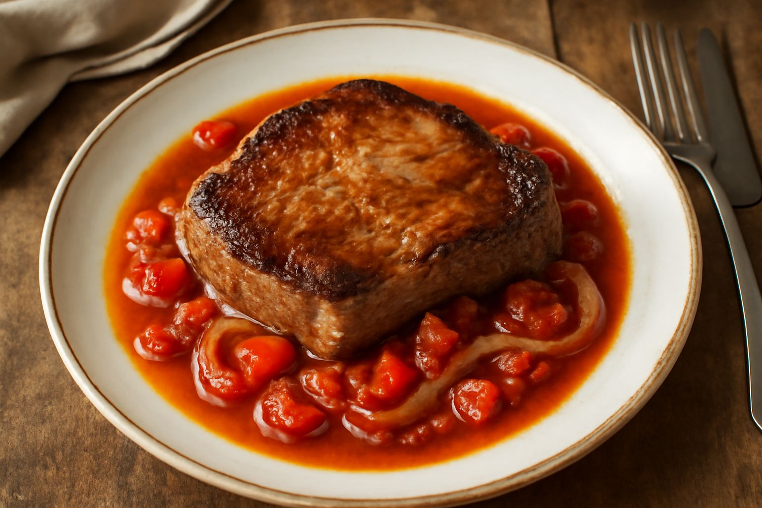 Bistecca rossa e dorata in padella con sugo rosso di pomodoro, contornata da pomodori freschi a spicchi e prezzemolo verde, piatto in primo piano su superficie scura.