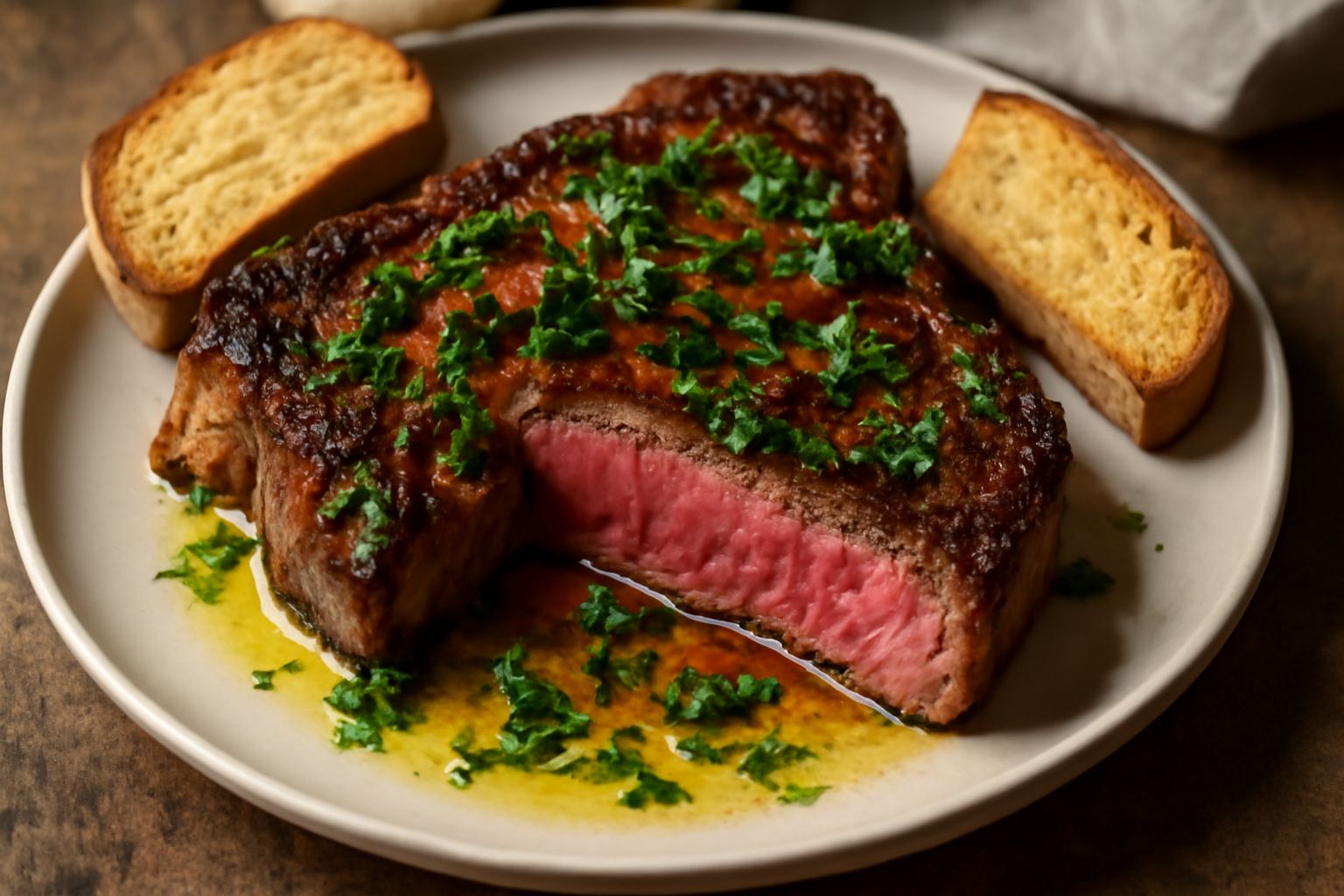 Bistecca rosata al centro del piatto, bordo rosso scuro ben rosolato, prezzemolo verde sparso sopra, gocce di olio lucido, contorno di pane tostato ai lati