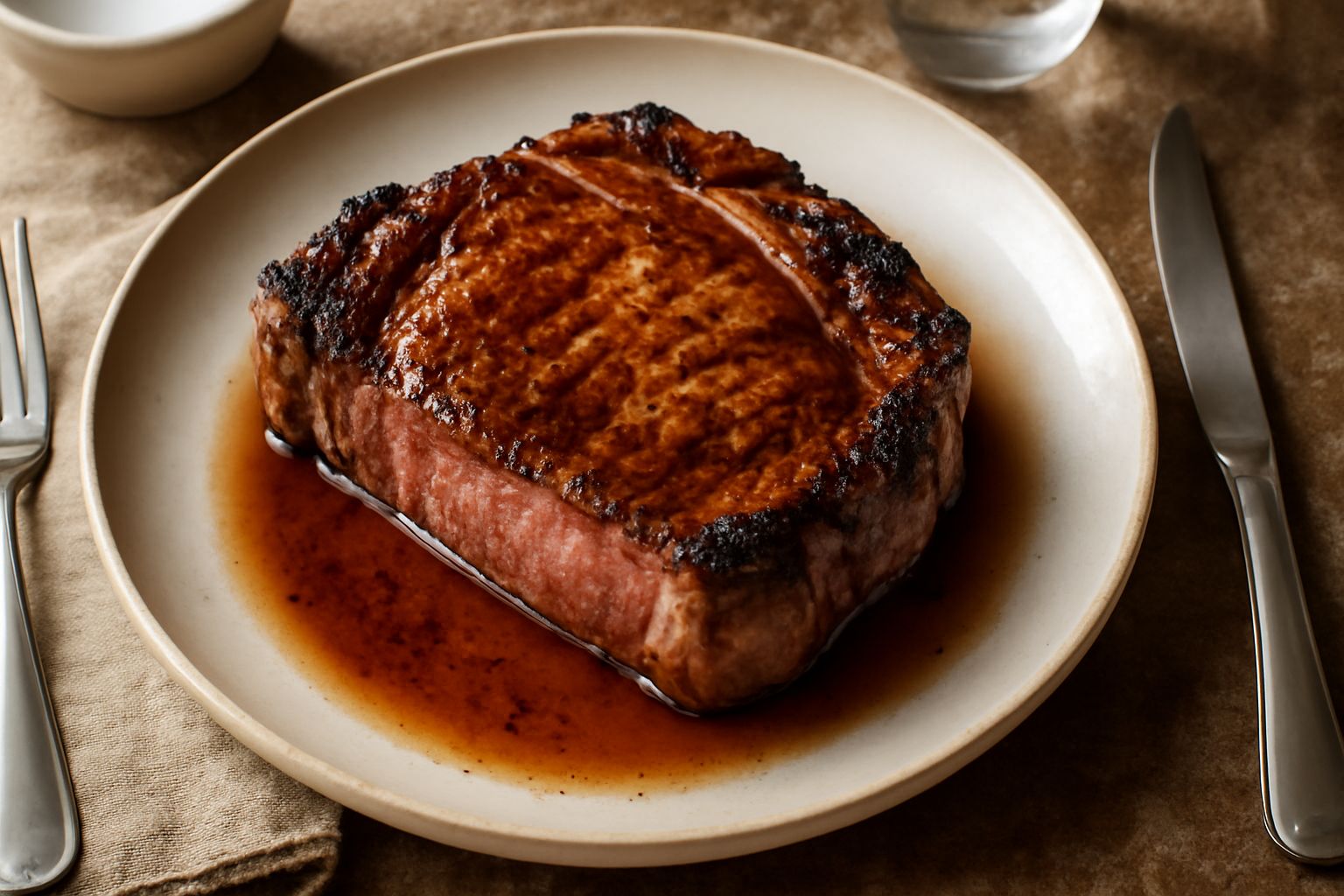 Bistecca alla piastra dorata e caramellata su un lato, servita su un piatto bianco con limone fresco e sale grosso a fianco