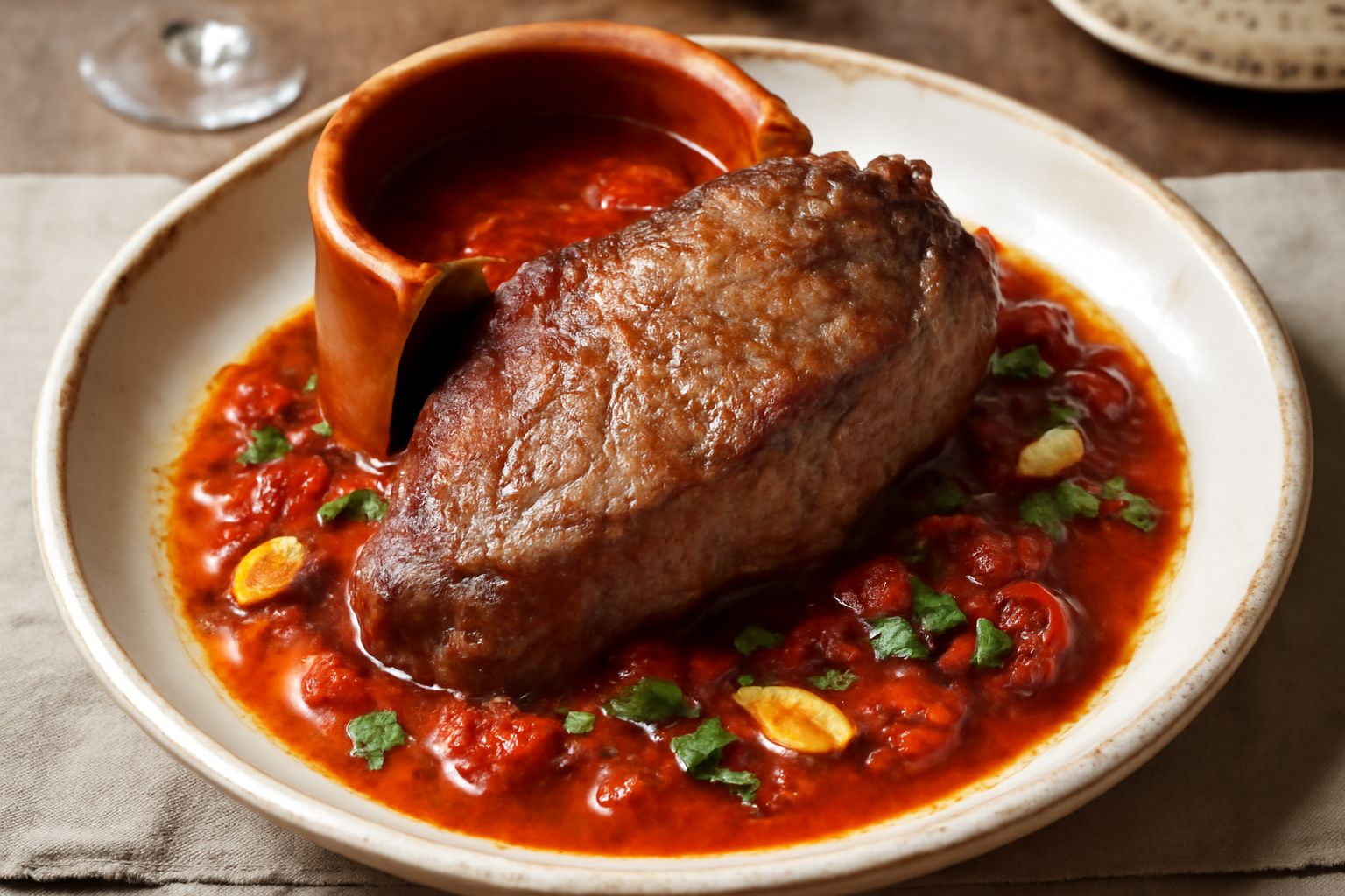 Bistecca marrone dorata all'interno di una pignata di terracotta con pomodori rossi, aglio affettato e prezzemolo verde, su un tavolo di legno rustico
