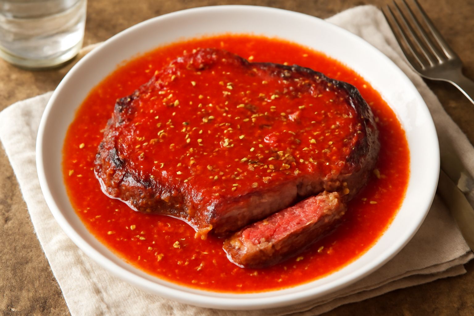 Bistecca rossa e ben cotta coperta da salsa di pomodoro rosso vivo, aglio bianco e origano verde, servita in piatto bianco con contorno di insalata mista