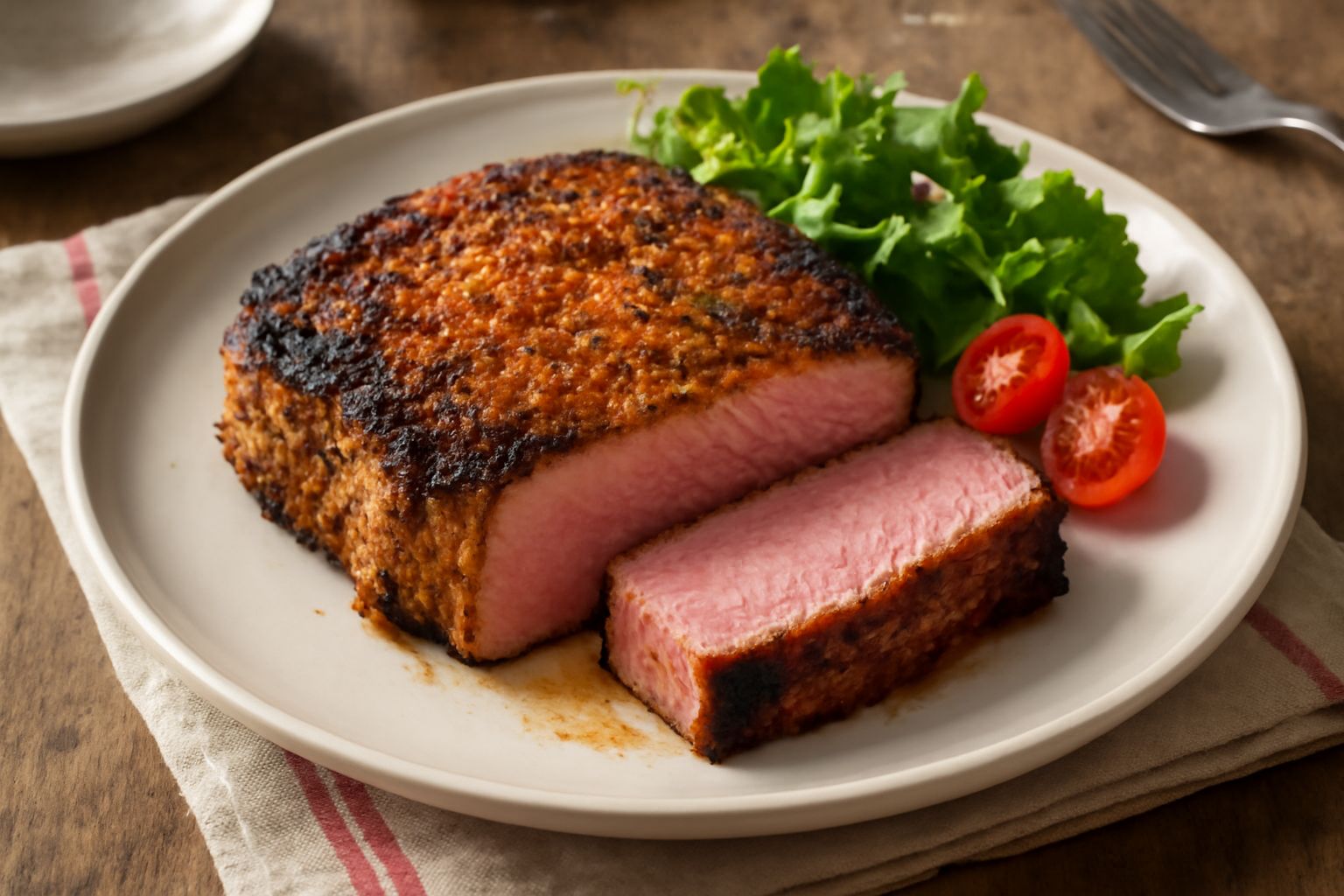 Una bistecca spessa rosata al centro, con crosta dorata e leggermente carbonizzata, servita su un piatto bianco con sale grosso e un ramo di rosmarino fresco accanto