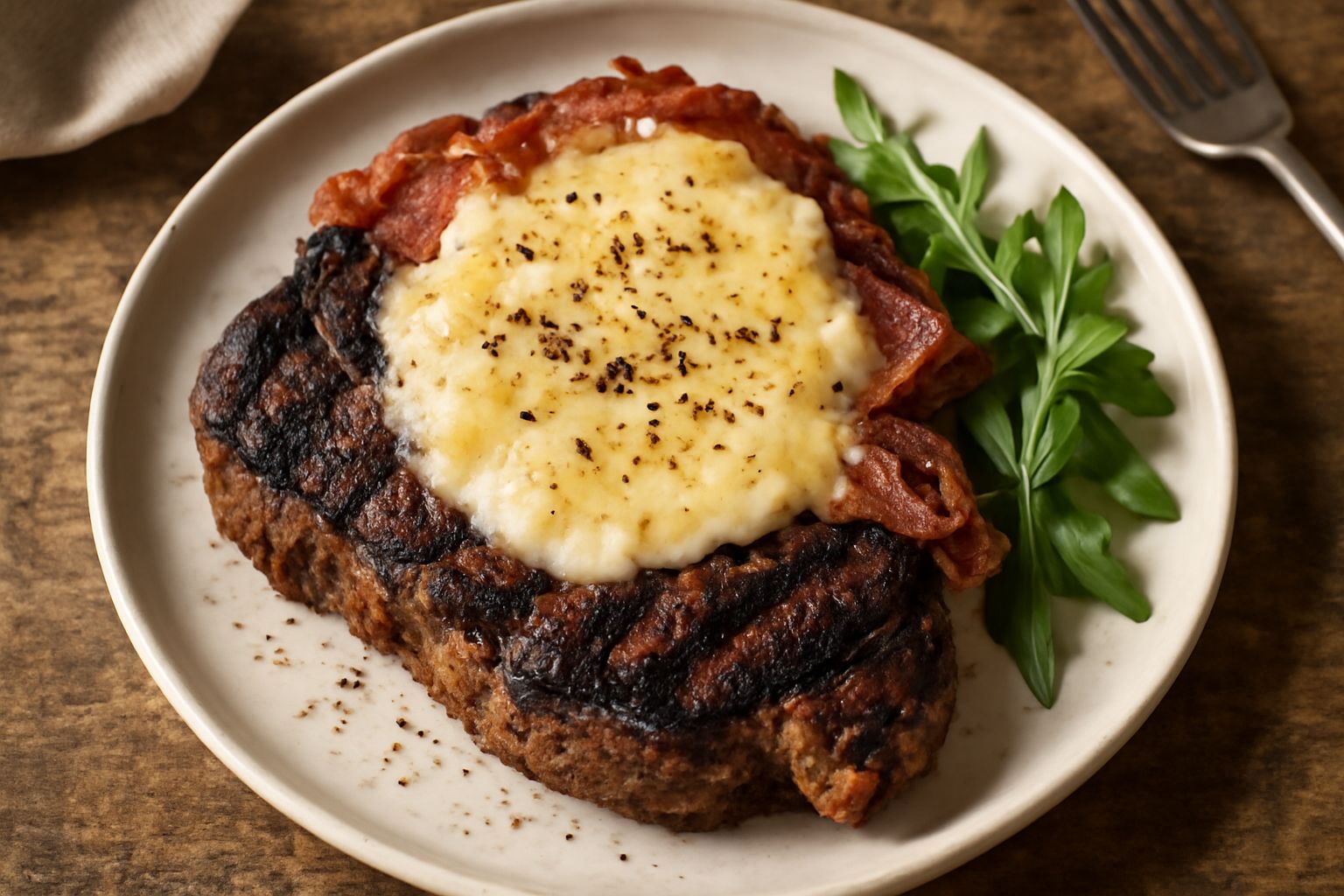 Bistecca di manzo spessa con speck croccante e formaggio fuso dorato sulla superficie, poggiata su un piatto bianco con contorno di rucola fresca