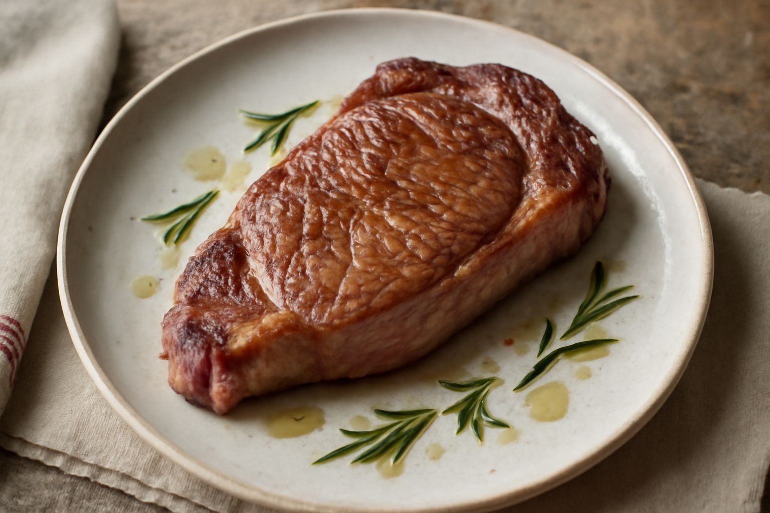 Bistecca di manzo rosata al centro su piatto bianco, speziata di sale marino grosso, con rosmarino fresco ai lati e gocce di olio extravergine