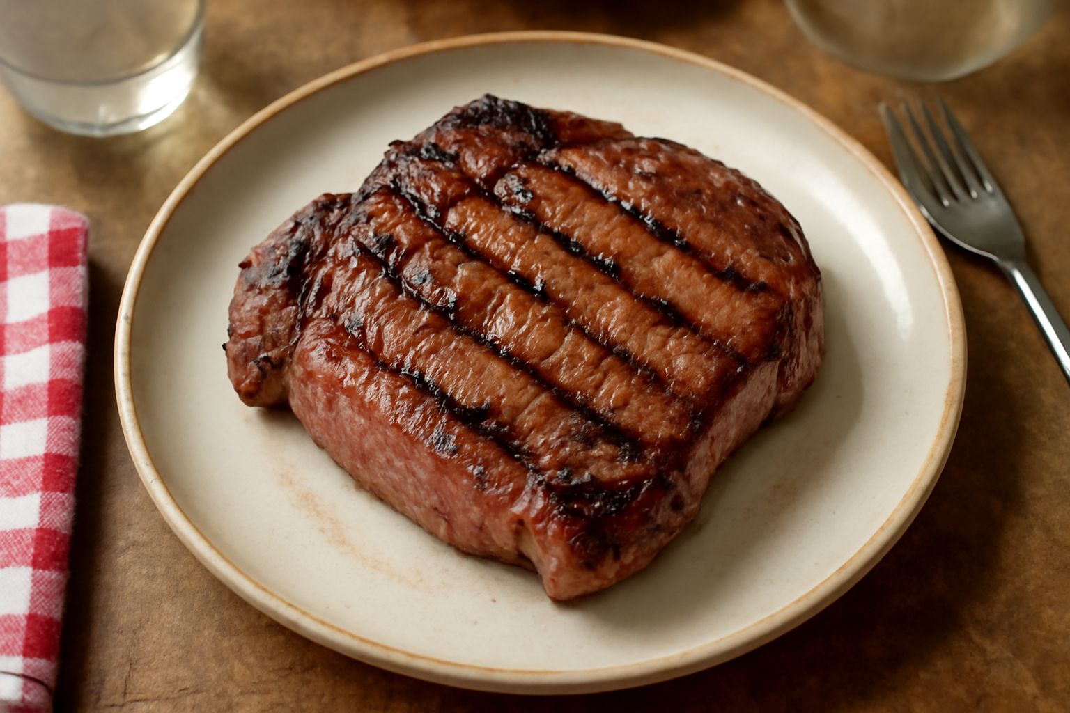 Bistecca ai ferri con crosta dorata e righe di carbonizzazione, servita su piatto bianco con limone affettato e sale marino a grani