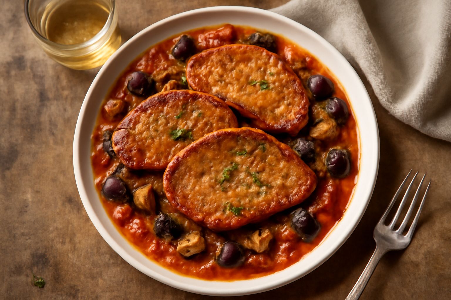 Due bistecche dorate e tenere servite in un piatto bianco con melanzane scure, pomodori rossi e basilico fresco verde, bagnat di sugo leggero