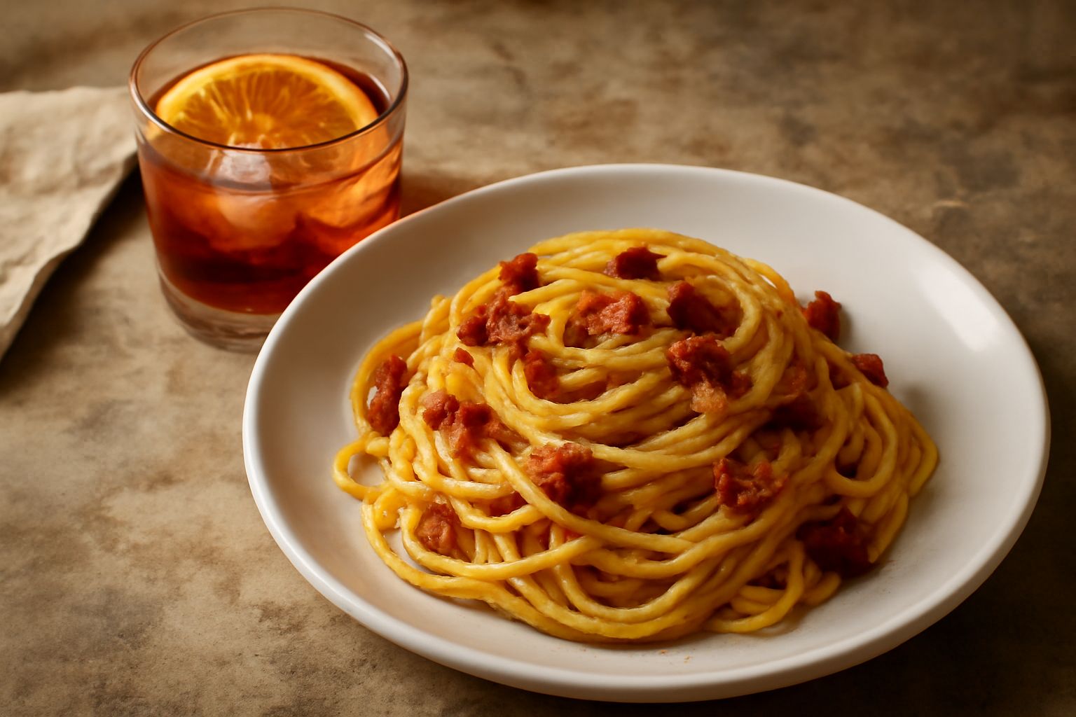 Un bicchiere basso con Campari rosso intenso, ghiaccio trasparente e una fetta di arancia, su un tavolo bianco con luce naturale