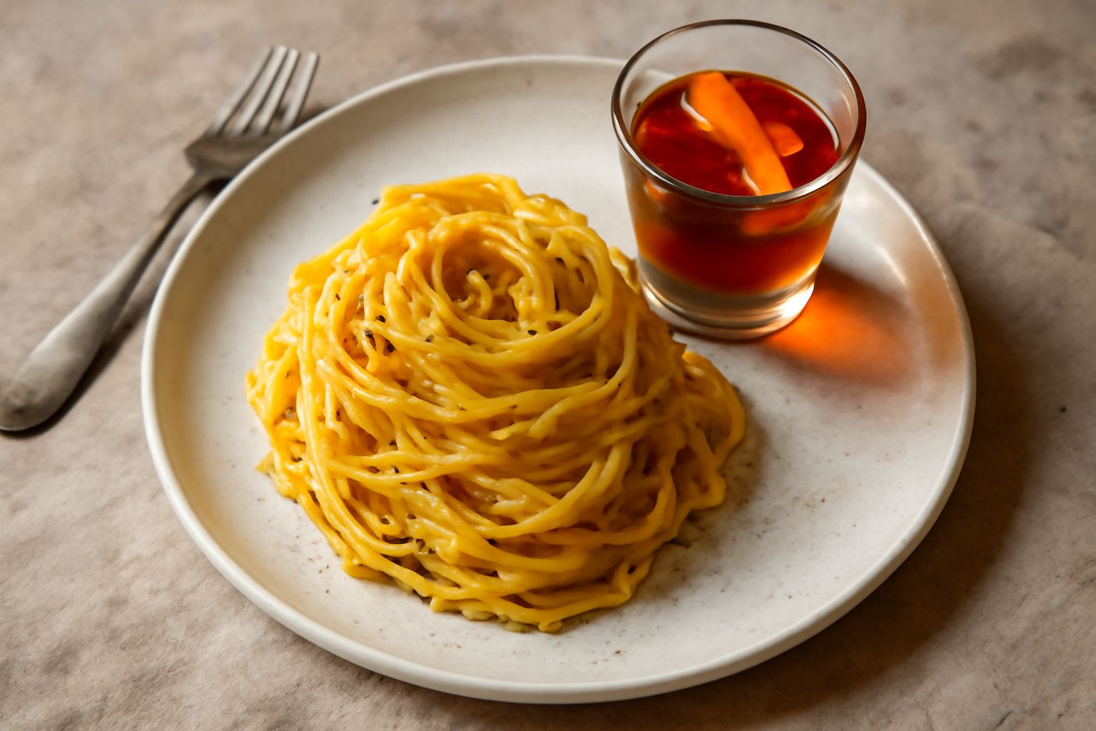 Bottiglia di vetro scuro con liquido ambrato trasparente, accanto bicchiere di bitter su superficie di legno, foglie di genziana e assenzio secche intorno